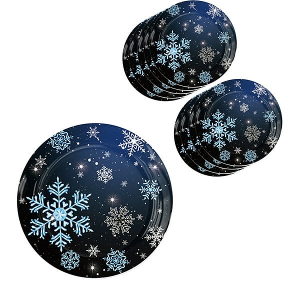 geerera 10pcs 9" Black Snowflake Paper Plates Set, Winter Themed Tableware, for Birthday Party Supplies, Festive Holiday Gathering