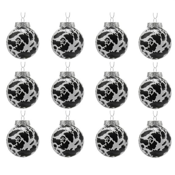 geerera 12 Pcs Cowhide Printed Christmas Balls, 2.4 Inch Western Cow Ornaments, Plastic Rustic Baubles, for Country Party Decor, Tree Trimming, Western Holiday Themes