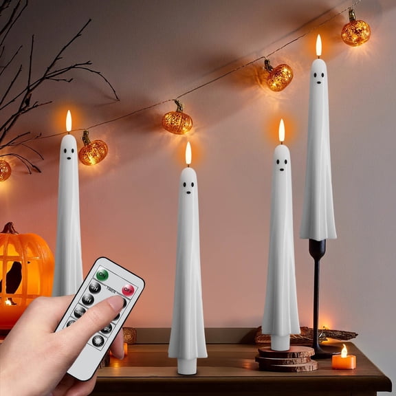 geerera 2 Pack Halloween Ghost Flameless Taper Candles Flickering Battery Operated with Remote and Timer 3D Wick White LED Taper Candles Halloween Dinner Decoration Indoor