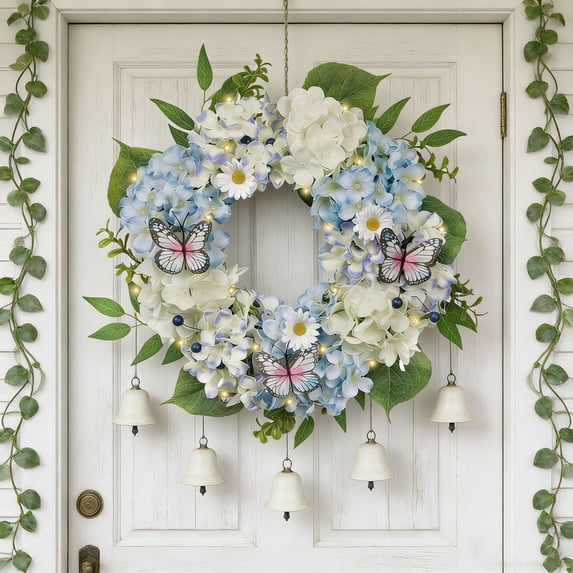 geerera 20" Easter Wreath, Hydrangea Wreath with Butterflies, Front Door Wreath for Spring Decor(No string lights included)