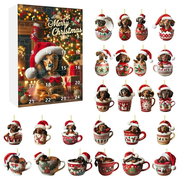 geerera 2025 Advent Calendar, Dachshund with Santa Hat Ornaments, 24 Day Countdown Calendar, for Holiday Party and Gift Giving