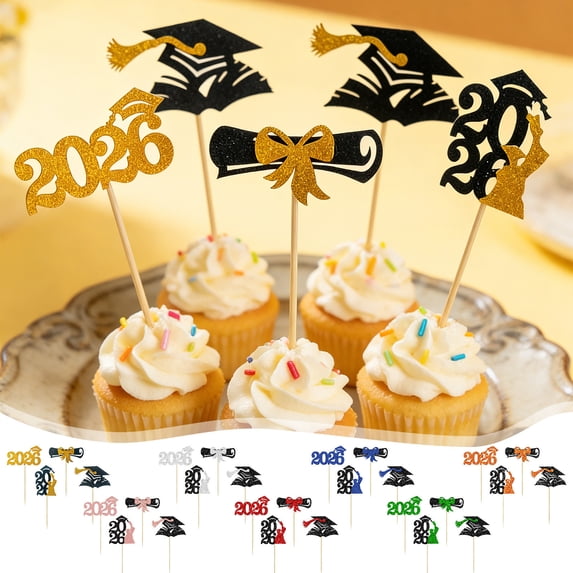 geerera 2026 Graduation Cupcake Toppers, 24Pcs Black Glitter Graduation Cap Diploma Cake Picks, Graduation Party Decorations for Class of 2026 Celebration