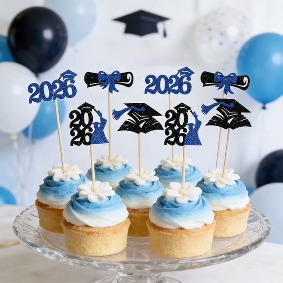 geerera 2026 Graduation Cupcake Toppers, 24Pcs Black Glitter Graduation Cap Diploma Cake Picks, Graduation Party Decorations for Class of 2026 Celebration