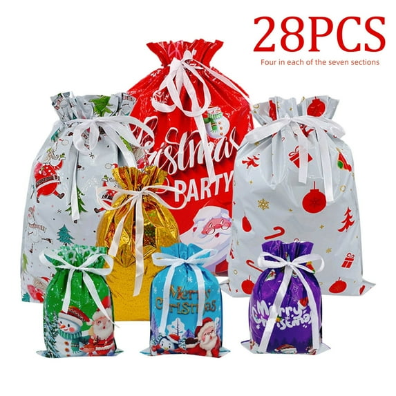 geerera 28Pcs Christmas Bags Christmas Drawstring Gift Bags for Xmas Holiday Present Wrapping & Festival Party Supplies(4 pieces for each of the 7 designs)