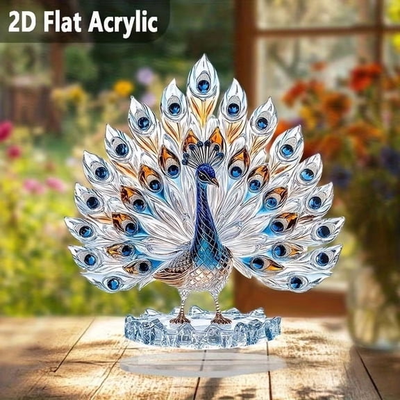 geerera 2D Flat Acrylic Peacock Ornament, Crystal-Look Peacock Decorative Figurine with Stand, Elegant Peacock Tabletop Statue for Home, Office, Living Room Decor and Gifts