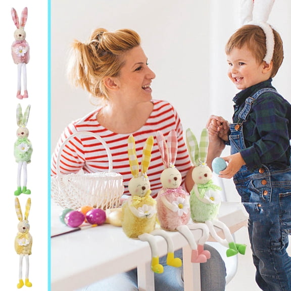 geerera 3-Pack Easter Long Leg Bunny Holding Daisy Handmade Plush Rabbit Gnomes for Home Table Ornament Tiered Tray Mantel Shelf Spring Accent