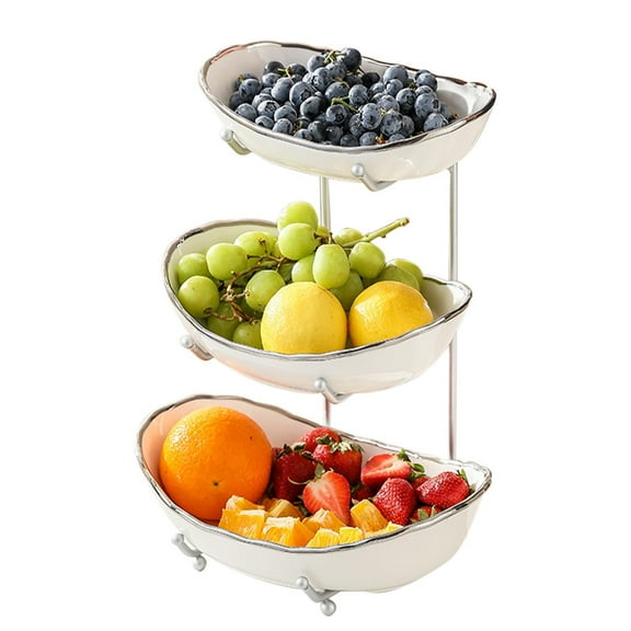 geerera 3 Tier Serving Stand Oval Serving Bowl with Metal Rack,Tiered White Porcelain Bowls for Fruit Vegetable Storage, Snack, Nuts, Cake, Dessert Tray for Party Wedding