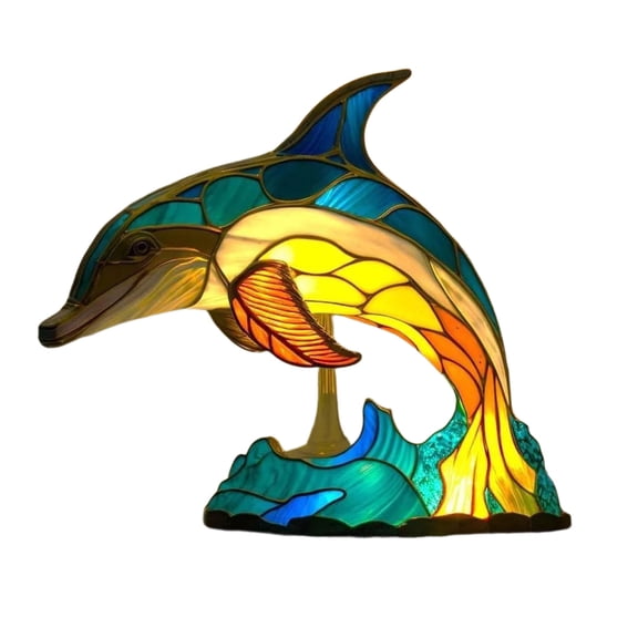 geerera 3D Animal Table Lamp, Retro Stained Glass Resin Night Light with USB Port, Vintage Style Bedside Lamp for Living Room, Bedroom Ambiance, Home Office Decor(Dolphin)