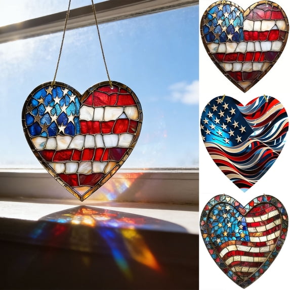 geerera 4th of July Patriotic Heart Suncatcher, 7.87 Inch Acrylic Stained Glass Style American Flag Window Hanging for Independence Day Decor