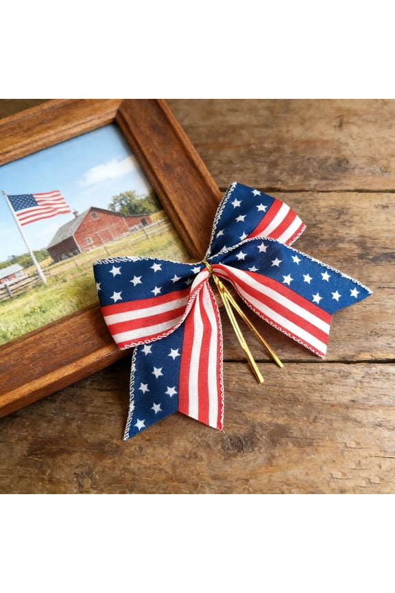4th of July Patriotic USA Flag Bow, Red White Blue Star Stripe Bow with Twist Ties for Independence Day Decor