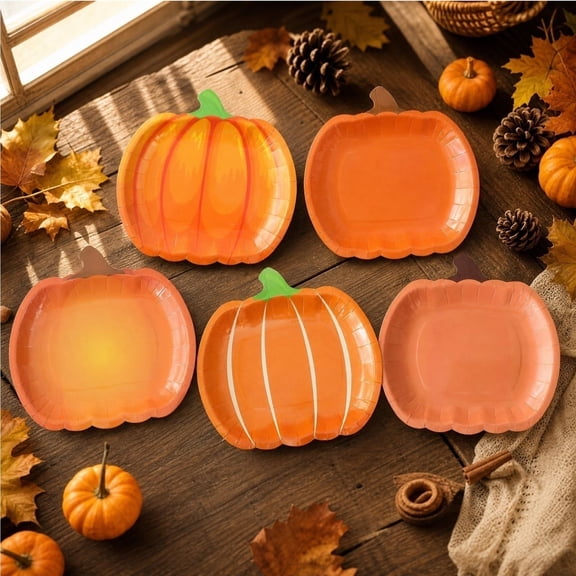 geerera 50pcs 9 Inch Pumpkin Shaped Paper Plates, Disposable Orange Fall Themed Plates for Thanksgiving, Fall Festivals & Daily Use