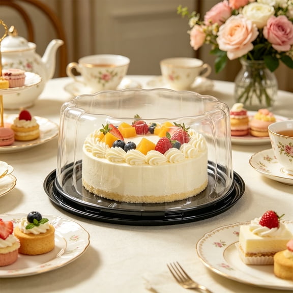 geerera 6 Pack 10" Clear Plastic Cake Containers, Disposable Round Cake Boxes with Lids, Black Base, for Bakery, Cupcake, Cheesecake, Mousse