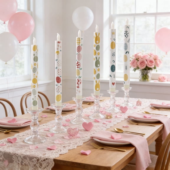 geerera 6-Pack Battery Operated Taper Candles with Remote, Spring Flameless LED Candlesticks with Flower Decals, for Easter Table Centerpiece, Holiday Dinner, Home Decor