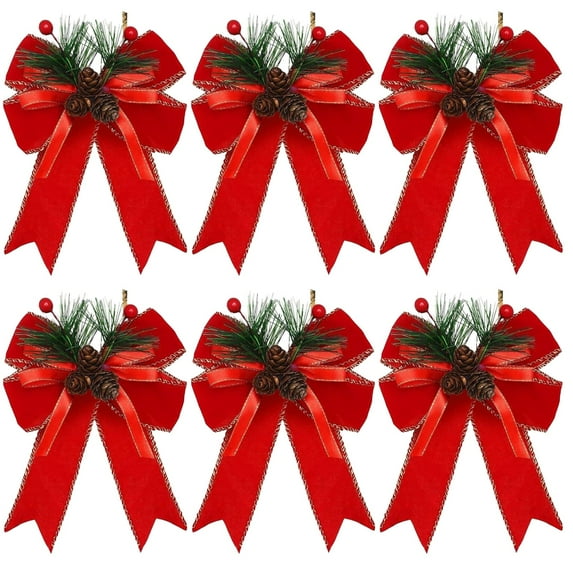 geerera 6-Pack Christmas Bows with Pine Cones, Flaxen Ribbon Bows with Pine Needles, for Christmas Tree Wreath, Xmas Party Decor, Indoor Outdoor Crafts