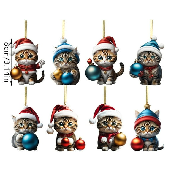 geerera 8Pcs Cat Christmas Ornaments, Shatterproof Acrylic Decor, Funny Hanging Pendants, for Tree Decor, Gift Topper, Mantel Display