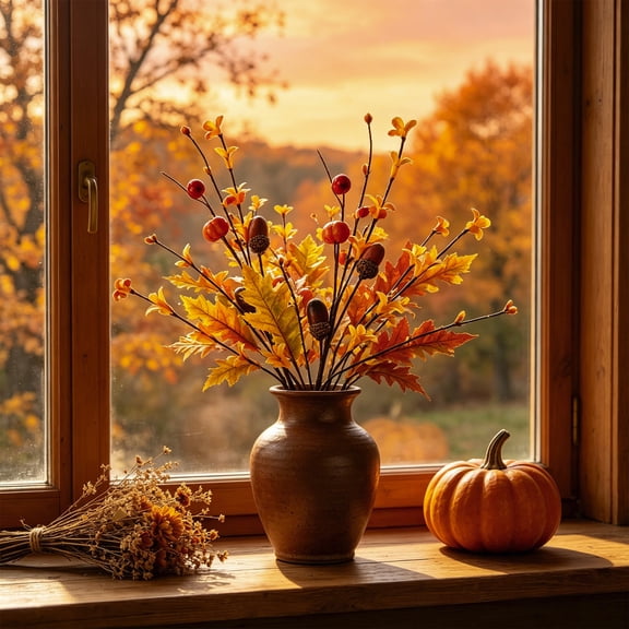 geerera Artificial Acorn & Berry Floral Pick, Faux Fall Harvest Stems with Oak Leaves, Rustic Autumn Vase Filler for Wreath Making & Thanksgiving Centerpiece,15.7"