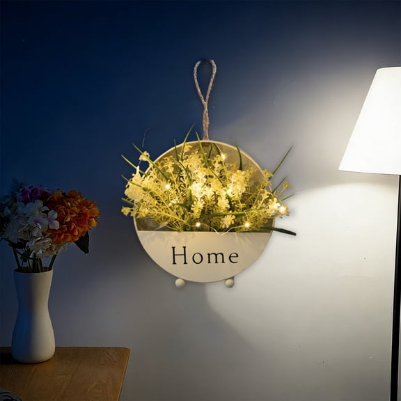 geerera Artificial Flower Wall Planter with Fairy Lights - Round Metal "Home" Wall Hanging Planter, Decorative Wall Sconce for Bedroom, Living Room & Entryway Decor