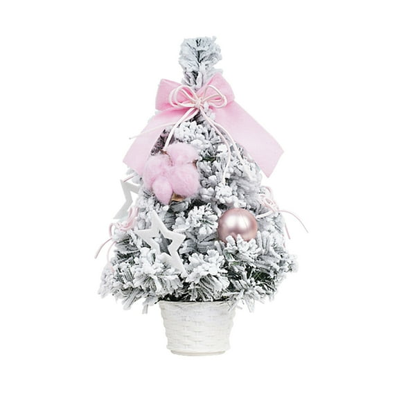 geerera Artificial Mini Pink Christmas Tree, Tabletop Snow Xmas Tree with Ornaments Bow Pentagram, for Home Indoor Outdoor Christmas Decoration