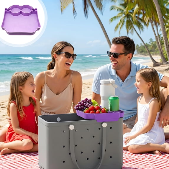 geerera Beach Bag Organizer Tray with Multislot Cup Holders, Extra Capacity Storage Tray for Beach Tote, Outdoor Picnic Beach Camping Accessory