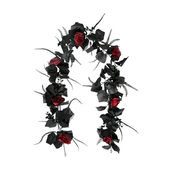 geerera Black Artificial Flower Garland, Fake Rose Vine with Fall Maple Leaves for Gothic Wedding Decor Autumn Party Wall Mantle Indoor Outdoor Decorations