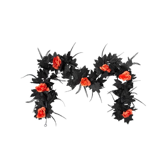 geerera Black Artificial Flower Garland, Fake Rose Vine with Fall Maple Leaves for Gothic Wedding Decor Autumn Party Wall Mantle Indoor Outdoor Decorations