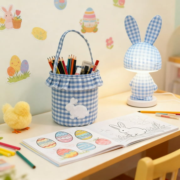geerera Bunny Easter Basket, Gingham Empty Easter Bucket with Handle for Easter Egg Hunts Party Favor Decorations,8.66"x9"