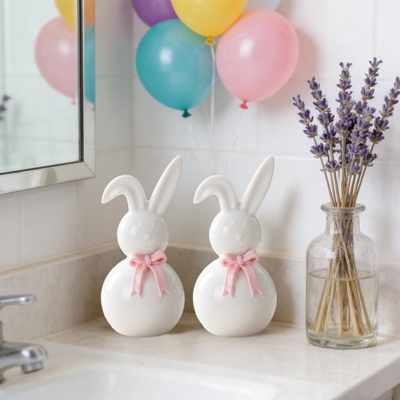 geerera Ceramic Rabbit Figurine with Bow, Easter Home Decor, Holiday Tabletop Decoration for Mantel, Shelf Display