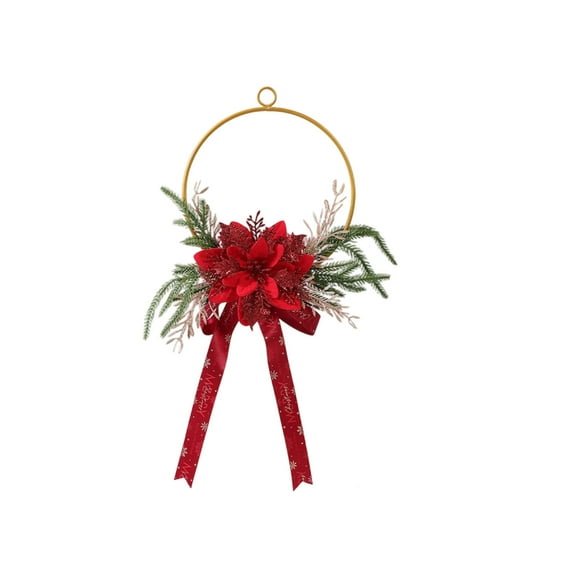 geerera Christmas Metal Wreath, Metal Hoop with Poinsettia and Red Bow, Artificial Floral Wreath for Front Door, Winter Wall Decor, Holiday Home Decor