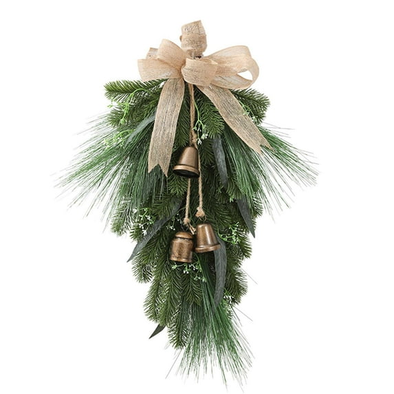 geerera Christmas Teardrop Swag, Linen Bow and Pine Greenery, Rustic Holiday Decor, for Front Door, Fireplace Mantel, Wall Decor