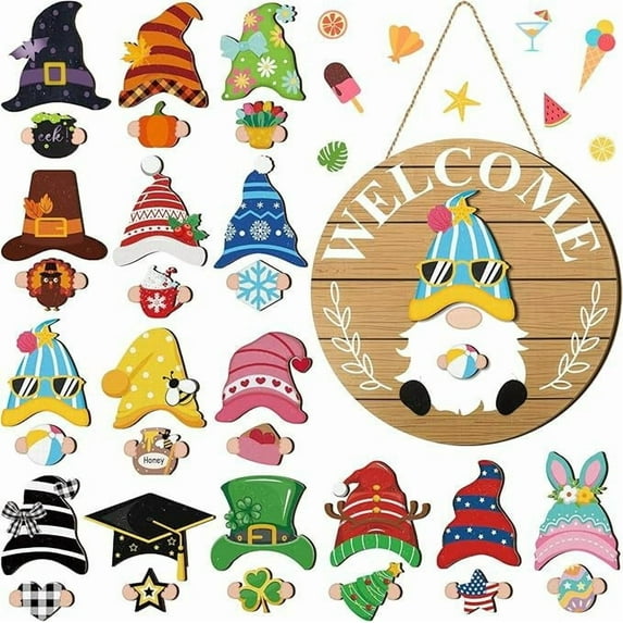 geerera Christmas Welcome Sign for Home, Interchangeable Wooden Gnome Decor, Gnome Decorations with Magnet Pieces and Detachable Hat