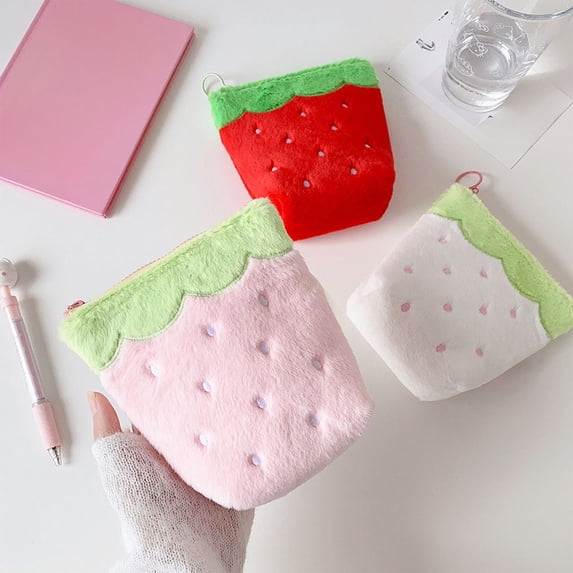 geerera Cute Strawberry Plush Coin Purse, Small Soft Zipper Pouch with Loop, Portable Change Wallet & Mini Storage Bag for Daily Essentials, 5.7x5.47 Inch