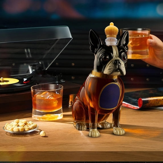 geerera Dog Shaped Liquor Decanter, Boston Terrier Design Glass Bottle for Whiskey, Brandy, Spirits, Home Bar and Novelty Gifts