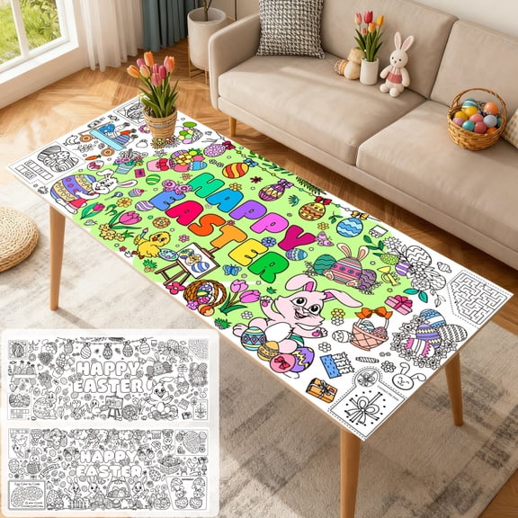 geerera Easter Activity Poster, Coloring Table Cover, Party Banner, 30x72 Inches Paper Mat with Festive Designs, for Holiday Parties, Special Events, Spring Celebrations