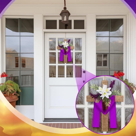 geerera Easter Cross Wreath, He is Risen Religious Wreath with Lily Flowers, Front Door Hanger for Spring Porch, Church Entry, Lenten Season, Farmhouse Home Decor