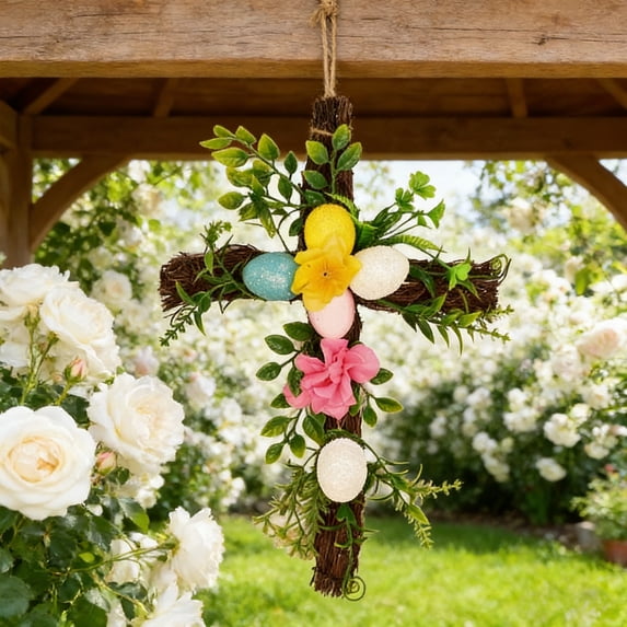 geerera Easter Front Door Wreath Artificial Grapevine Cross Wreath with Easter Eggs for Spring Home Porch Farmhouse Party Decor