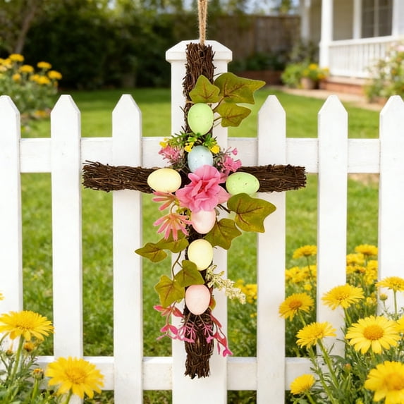 geerera Easter Front Door Wreath Artificial Grapevine Cross Wreath with Easter Eggs for Spring Home Porch Farmhouse Party Decor