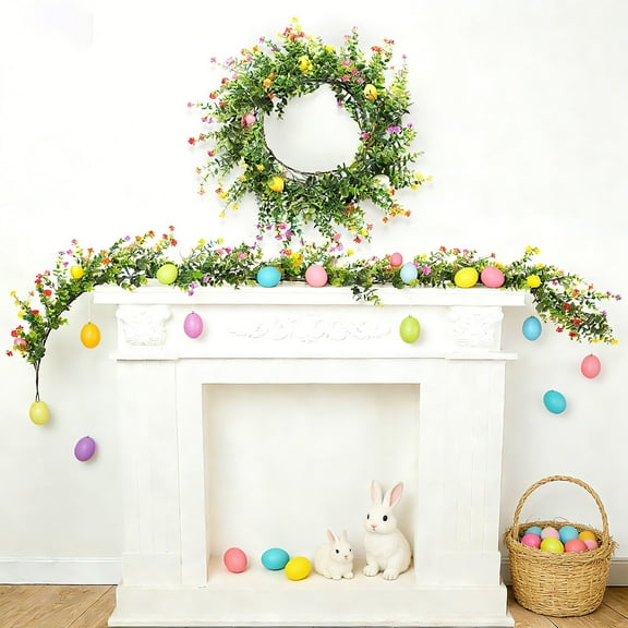 geerera Easter Garland with Artificial Eggs, Spring Eucalyptus and Baby's Breath Floral Vine, Holiday Mantel and Door Decor for Indoor Outdoor, Party Wall Display, Home Table Setting