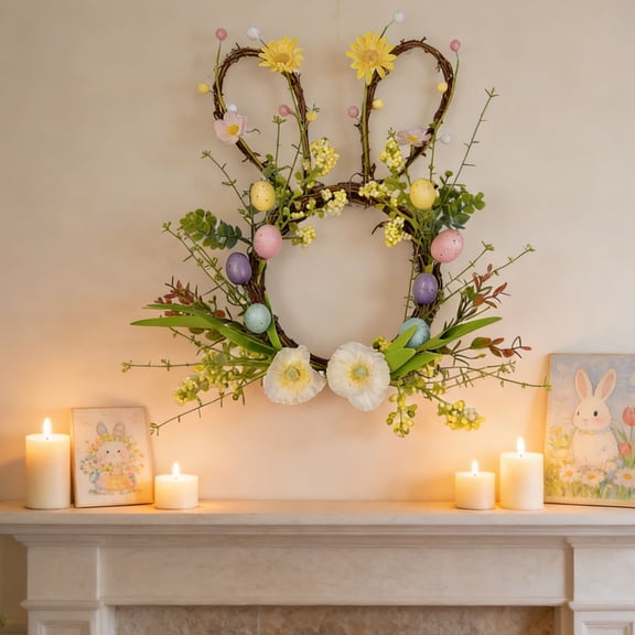 geerera Easter Wreath for Front Door, Bunny Wreath with Eggs & Artificial Flower, Holiday Hanging Decor for Spring Home, Porch Decorations, Festival Party Gift