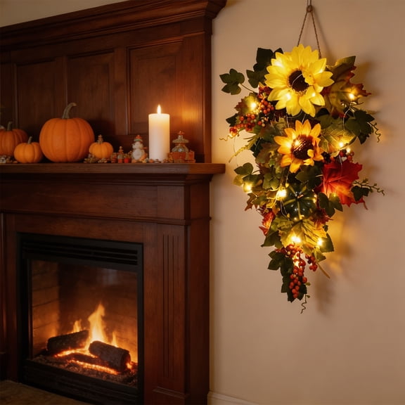 geerera Fall Decor - 19.69" Lighted Sunflower Hanging Teardrop Swag with Autumn Leaves & Berries, Fall Home Decor Leaves Decor Lighted Swag for Wall Window Doorway