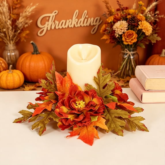 geerera Fall Decor Candle Ring, Artificial Harvest Floral Mini Wreath for Pillar Candles, Rustic Autumn Tabletop Decor for Thanksgiving & Halloween Home, 9.8"