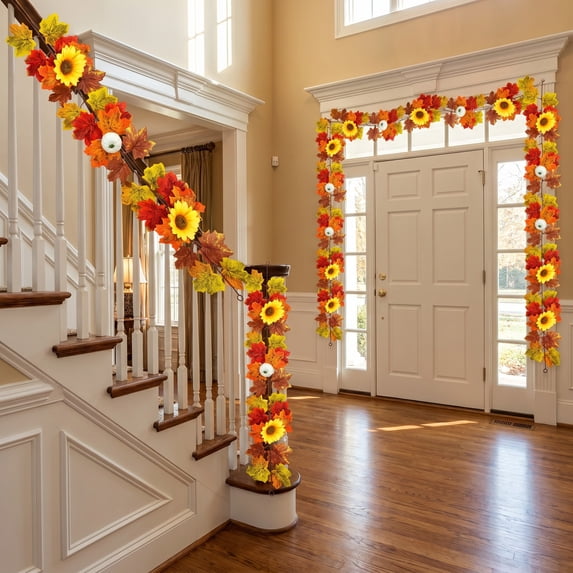 geerera Fall Decor Fall Garland for Home - 40" Artificial Autumn Maple Leaf Vine with Sunflowers & White Pumpkin, Fall Home Decor Leaves Decor Hanging Swag for Mantel Wall Doorway Thanksgiving