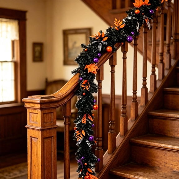 geerera Fall Decor Fall Garland for Home - 59" Artificial Black Pine Vine with Purple Orange Ornaments, Fall Home Decor Leaves Decor Hanging Swag for Mantel Stairs Halloween Party