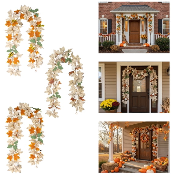 geerera Fall Decor Fall Garland for Home - 68.9" Artificial Beige Maple Leaf Vine with White Pumpkins & Berries, Fall Home Decor Leaves Decor Hanging Swag for Mantel Wall Doorway Autumn