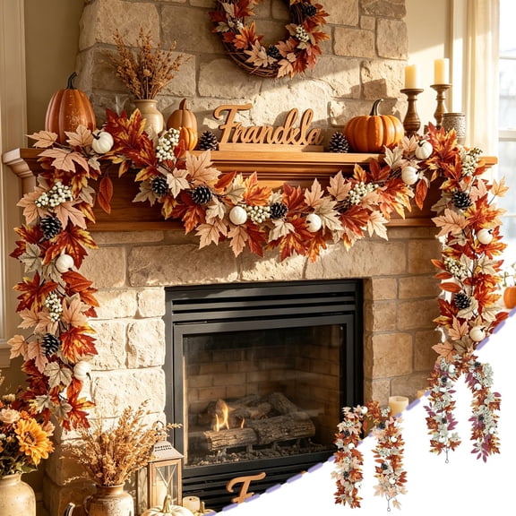 geerera Fall Decor Fall Garland for Home - 78.74" Artificial Mixed Maple Leaf Vine with Pumpkins & Pinecones, Fall Home Decor Leaves Decor Hanging Swag for Mantel Wall Doorway Autumn