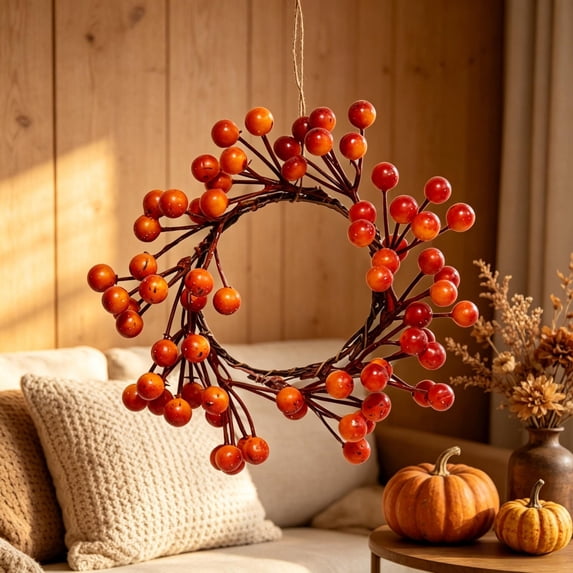 geerera Fall Orange Berry Candle Ring, Rustic Artificial Berry Wreath for Pillar Candles, Thanksgiving Autumn Tabletop Decor & Centerpiece, 7.9"