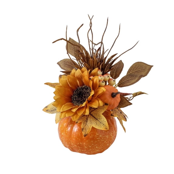 geerera Fall Pumpkin Floral Centerpiece, Artificial Harvest Table Decor with Sunflower & Dried Branches, Rustic Thanksgiving Home Accent for Dining Table, 9.8"