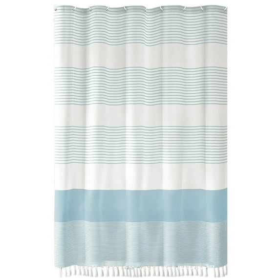 geerera Faux Linen Shower Curtain With Tassels, Striped Shower Curtain With Hooks,Waterproof ,Rustic Neutral for Bathroom,72x72 inch