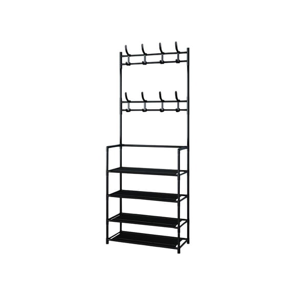 geerera Floor-standing Coat and Shoe Rack, Entryway Coat Rack with 8 Hooks, Double Row Shoes Organizer, for Living Room, Bedroom, Office, Dormitory,Rental Room