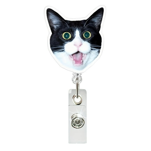 geerera Funny Cat Badge Reel, Retractable Kitten Design Badge Holder, Acrylic Name Tag for Nurses and Teachers, Work Accessory