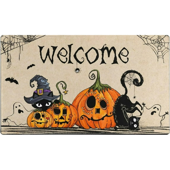 geerera Halloween Horror Floor Mat, Pumpkin Pattern Entrance Doormat with Non-Slip Backing for Front Door Decor, Bathroom Floor, Kitchen, 16x24 Inch